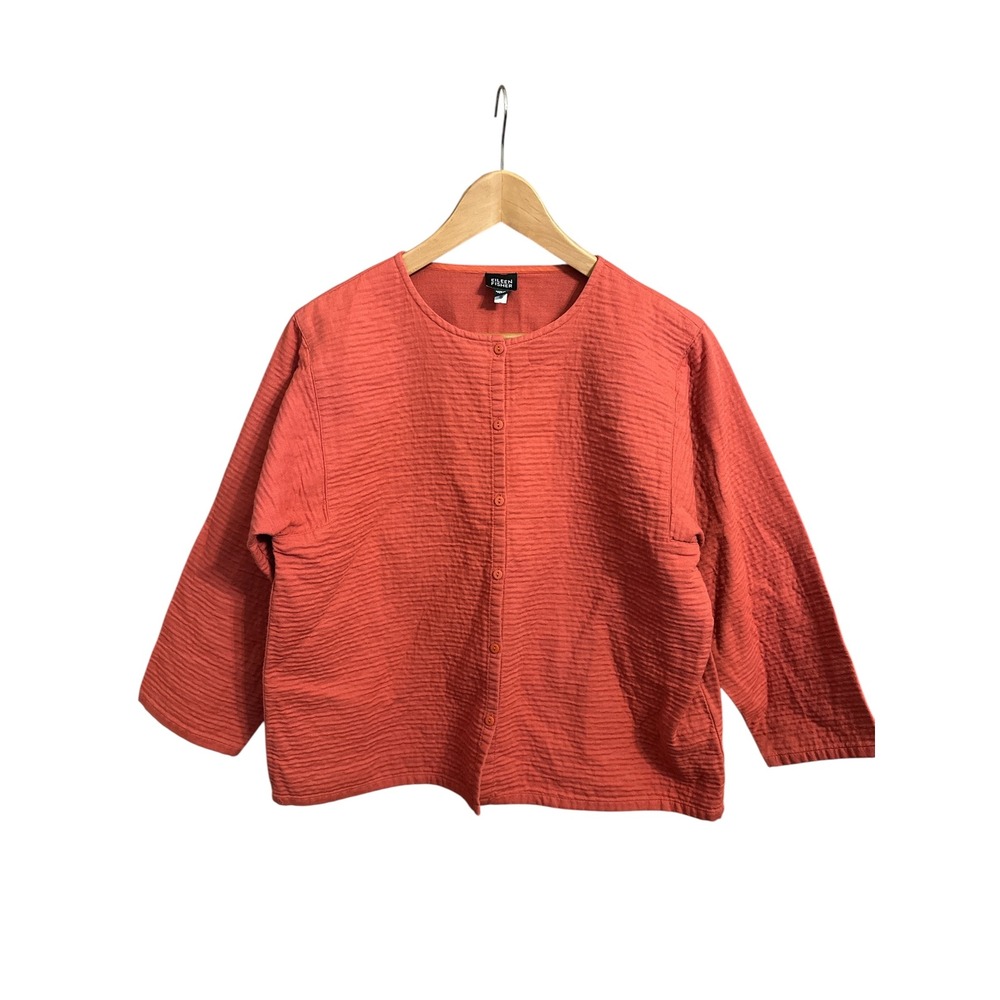 Eileen Fisher Top Button Front 3/4 Sleeve Textured Coral Blouse